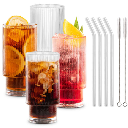 Drinking Glasses Set of 4, Glass Cups with Straws, 12Oz Cute Ribbed Glassware for Water Cocktail Glasses, Iced Coffee Cup for Coffee Bar Accessories